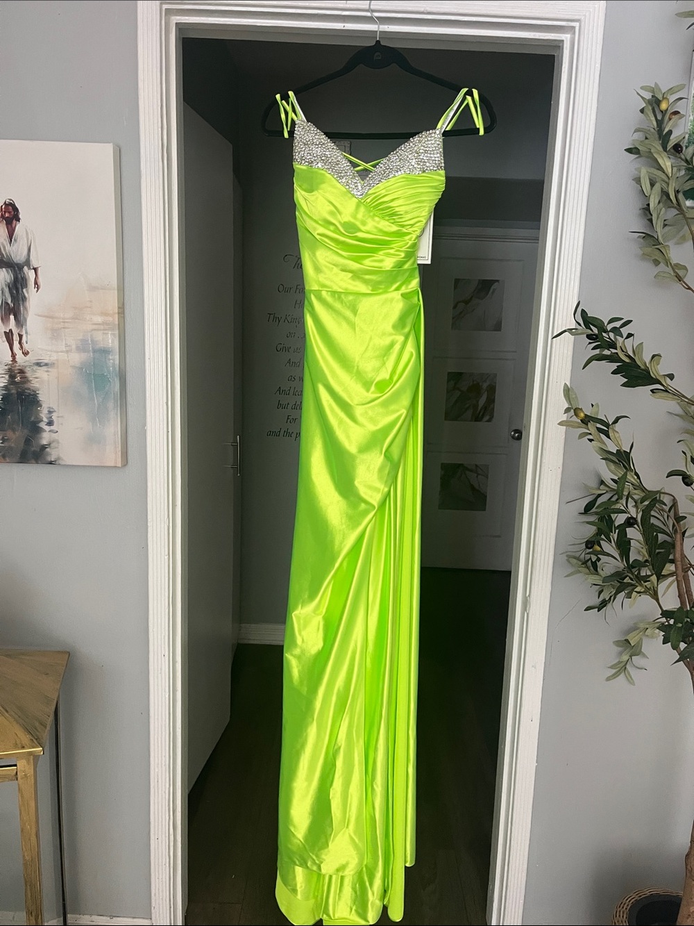 Sofia Thomas Lime Satin Gown with Crystal-Embellished Bodice